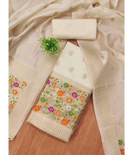 Women's Banarasi Silk Printed Unstitched Salwar Suit Material With Dupatta (White, 3Mtrs)