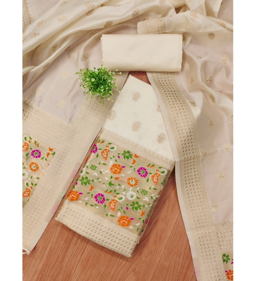 Women's Banarasi Silk Printed Unstitched Salwar Suit Material With Dupatta (White, 3Mtrs)