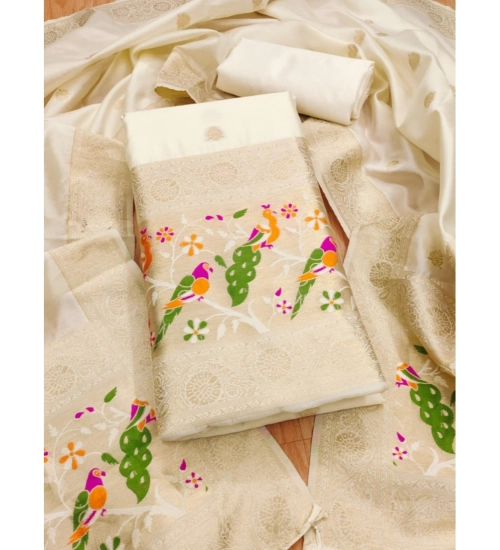 Women's Banarasi Silk Printed Unstitched Salwar Suit Material With Dupatta (White, 3Mtrs)