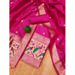 Generic Women's Banarasi Silk Printed Unstitched Salwar Suit Material With Dupatta (Pink, 3Mtrs)
