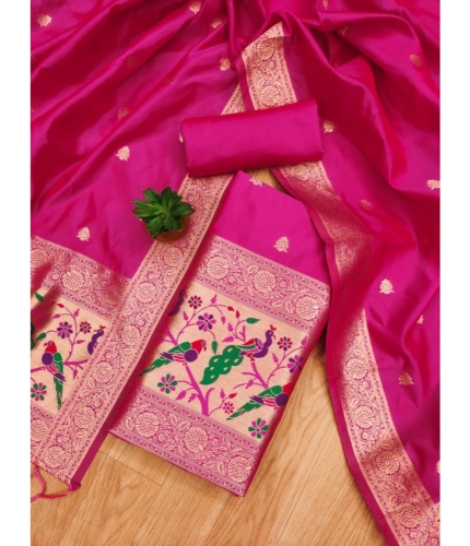 Women's Banarasi Silk Printed Unstitched Salwar Suit Material With Dupatta (Pink, 3Mtrs)
