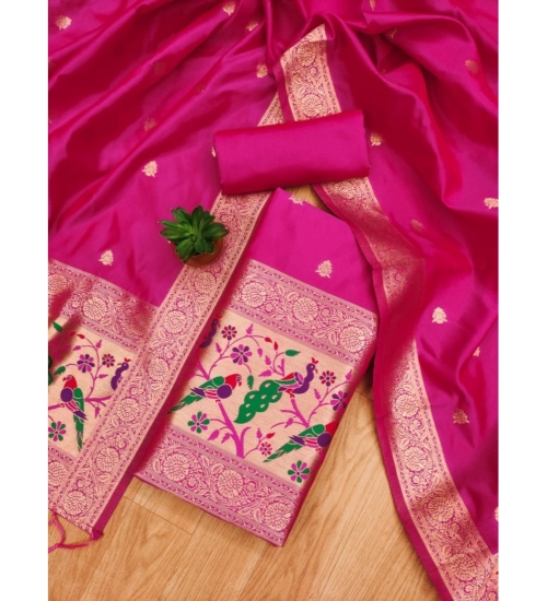 Women's Banarasi Silk Printed Unstitched Salwar Suit Material With Dupatta (Pink, 3Mtrs)