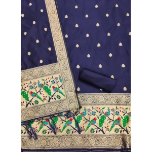 Generic Women's Banarasi Silk Printed Unstitched Salwar Suit Material With Dupatta (Navy Blue, 3Mtrs)