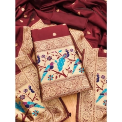 Women's Banarasi Silk Printed Unstitched Salwar Suit Material With Dupatta (Maroon, 3Mtrs)
