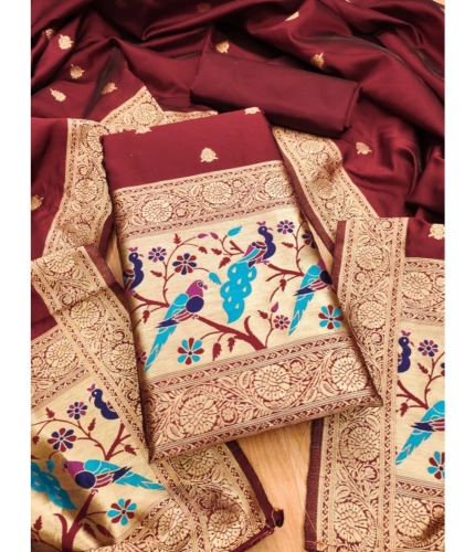 Women's Banarasi Silk Printed Unstitched Salwar Suit Material With Dupatta (Maroon, 3Mtrs)