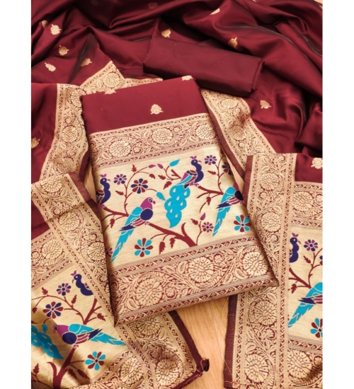 Women's Banarasi Silk Printed Unstitched Salwar Suit Material With Dupatta (Maroon, 3Mtrs)