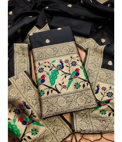 Women's Banarasi Silk Printed Unstitched Salwar Suit Material With Dupatta (Black, 3Mtrs)