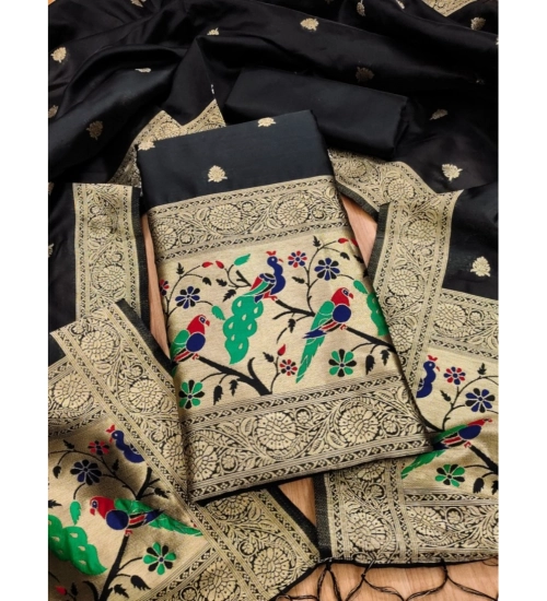 Women's Banarasi Silk Printed Unstitched Salwar Suit Material With Dupatta (Black, 3Mtrs)