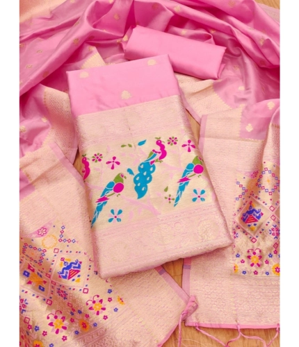 Women's Banarasi Silk Printed Unstitched Salwar Suit Material With Dupatta (Light Pink, 3Mtrs)