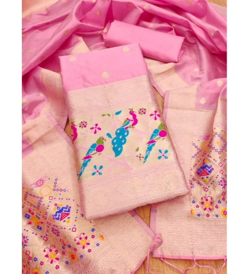 Women's Banarasi Silk Printed Unstitched Salwar Suit Material With Dupatta (Light Pink, 3Mtrs)