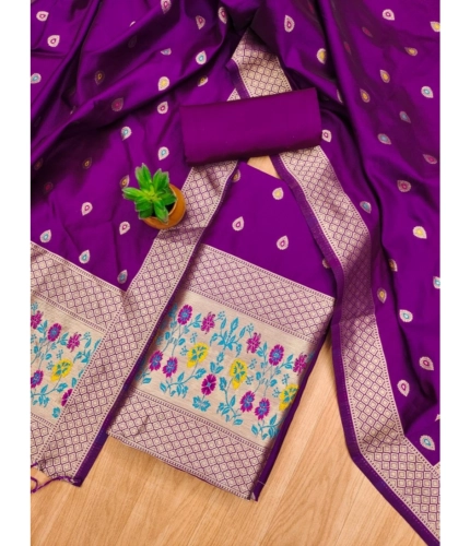 Women's Banarasi Silk Printed Unstitched Salwar Suit Material With Dupatta (Purple, 3Mtrs)