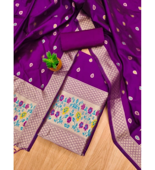 Women's Banarasi Silk Printed Unstitched Salwar Suit Material With Dupatta (Purple, 3Mtrs)