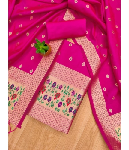 Women's Banarasi Silk Printed Unstitched Salwar Suit Material With Dupatta (Pink, 3Mtrs)