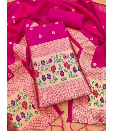 Women's Banarasi Silk Printed Unstitched Salwar Suit Material With Dupatta (Pink, 3Mtrs)