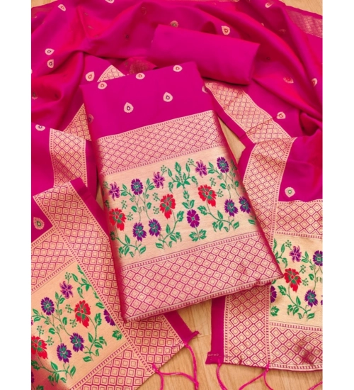 Women's Banarasi Silk Printed Unstitched Salwar Suit Material With Dupatta (Pink, 3Mtrs)
