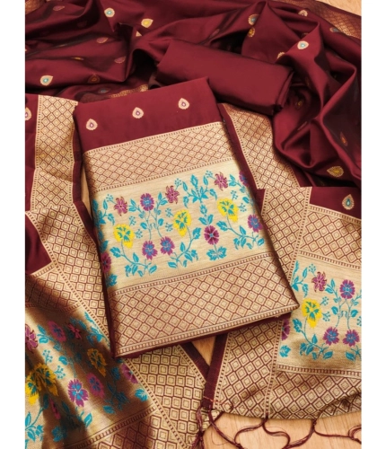 Women's Banarasi Silk Printed Unstitched Salwar Suit Material With Dupatta (Maroon, 3Mtrs)