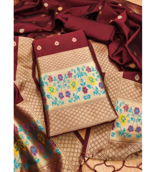 Women's Banarasi Silk Printed Unstitched Salwar Suit Material With Dupatta (Maroon, 3Mtrs)