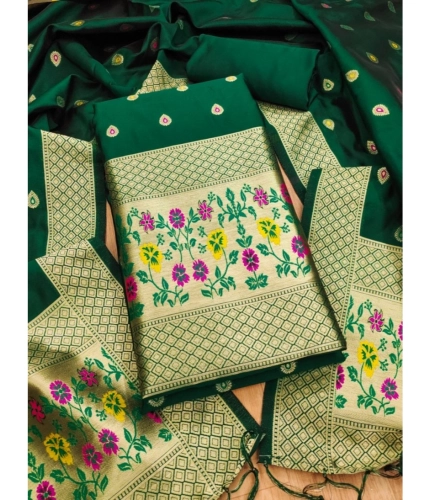 Women's Banarasi Silk Printed Unstitched Salwar Suit Material With Dupatta (Bottle Green, 3Mtrs)
