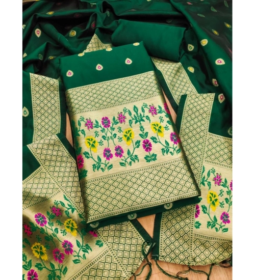 Women's Banarasi Silk Printed Unstitched Salwar Suit Material With Dupatta (Bottle Green, 3Mtrs)