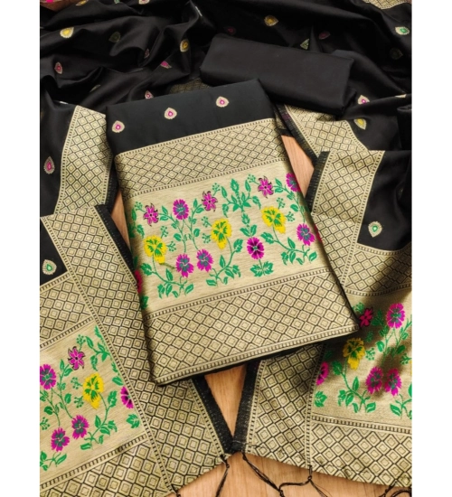 Women's Banarasi Silk Printed Unstitched Salwar Suit Material With Dupatta (Black, 3Mtrs)