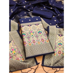 Women's Banarasi Silk Printed Unstitched Salwar Suit Material With Dupatta (Navy Blue, 3Mtrs)