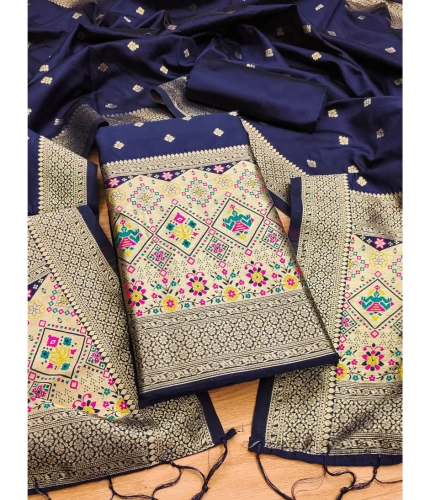 Women's Banarasi Silk Printed Unstitched Salwar Suit Material With Dupatta (Navy Blue, 3Mtrs)