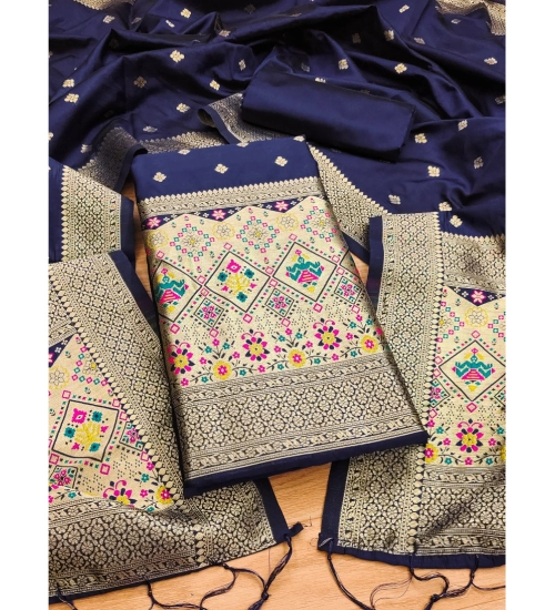 Women's Banarasi Silk Printed Unstitched Salwar Suit Material With Dupatta (Navy Blue, 3Mtrs)