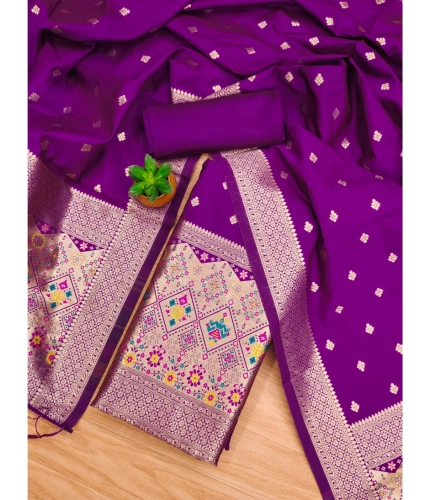 Women's Banarasi Silk Printed Unstitched Salwar Suit Material With Dupatta (Purple, 3Mtrs)