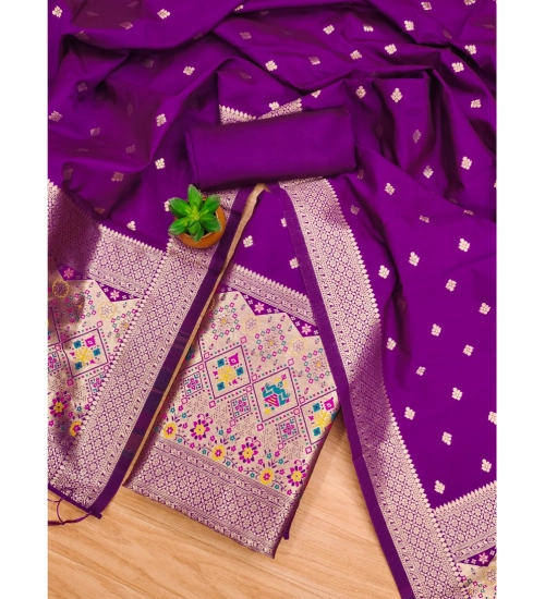 Women's Banarasi Silk Printed Unstitched Salwar Suit Material With Dupatta (Purple, 3Mtrs)