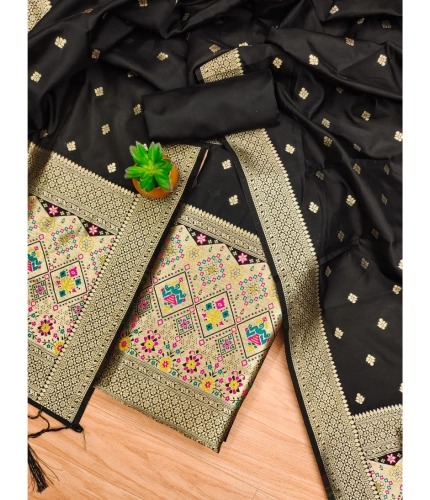 Women's Banarasi Silk Printed Unstitched Salwar Suit Material With Dupatta (Black, 3Mtrs)