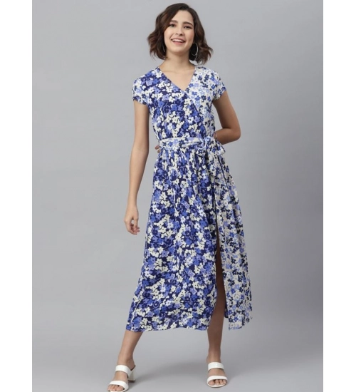 Women's Polyester Floral V-Neck Short Sleeve Dress (Purple-White)