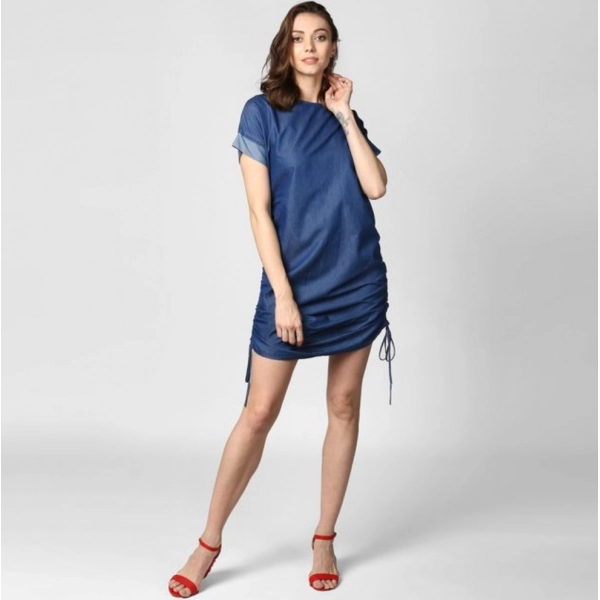 Dropship Women's Denim Solid Close Neck Short Sleeve Dress (Blue)