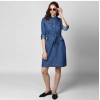 Dropship Women's Denim Solid Collar Neck Roll Up Sleeve Dress (Blue)
