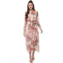 Women's Chiffon Floral Round Neck Long Sleeves Dress (Multicolor)