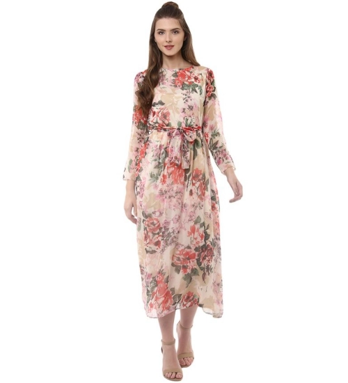 Women's Chiffon Floral Round Neck Long Sleeves Dress (Multicolor)
