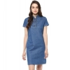 Dropship Women's Denim Solid Tie-Up Neck Short Sleeve Dress (Blue)