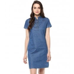 Women's Denim Solid Tie-Up Neck Short Sleeve Dress (Blue)