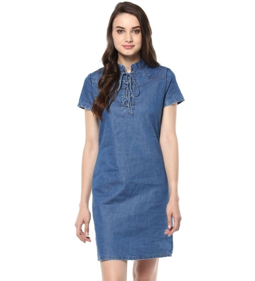 Women's Denim Solid Tie-Up Neck Short Sleeve Dress (Blue)