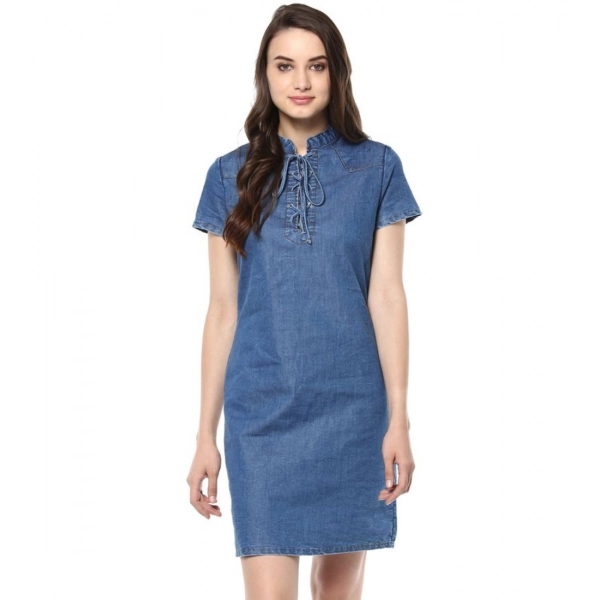 Dropship Women's Denim Solid Tie-Up Neck Short Sleeve Dress (Blue)