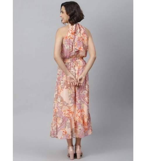 Women's Polyester Maxi Halter Neck Sleeveless Dress (Peach)