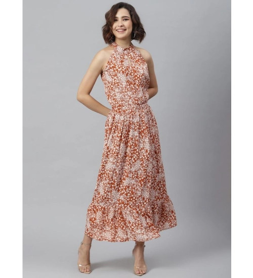 Women's Polyester Printed Halter Neck Sleeveless Dress (Rust)