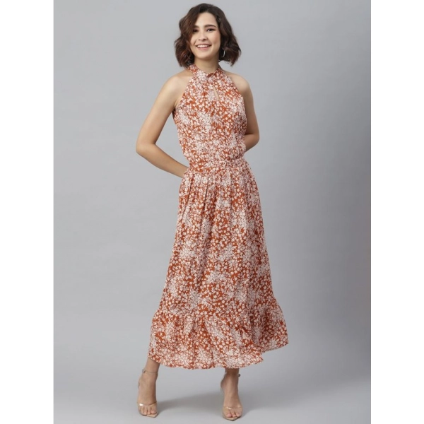 Dropship Women's Polyester Printed Halter Neck Sleeveless Dress (Rust)