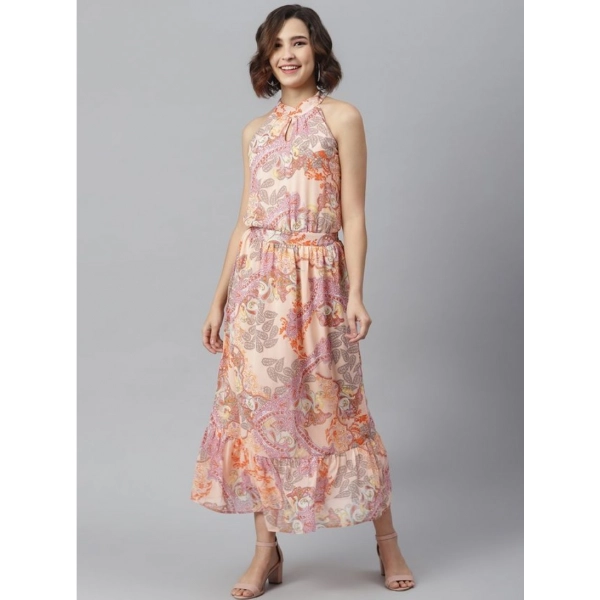 Dropship Women's Polyester Maxi Halter Neck Sleeveless Dress (Peach)