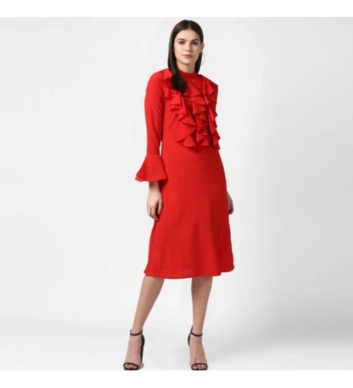 Women's Polyester Ruffled Close Neck Long Sleeves Dress (Red)