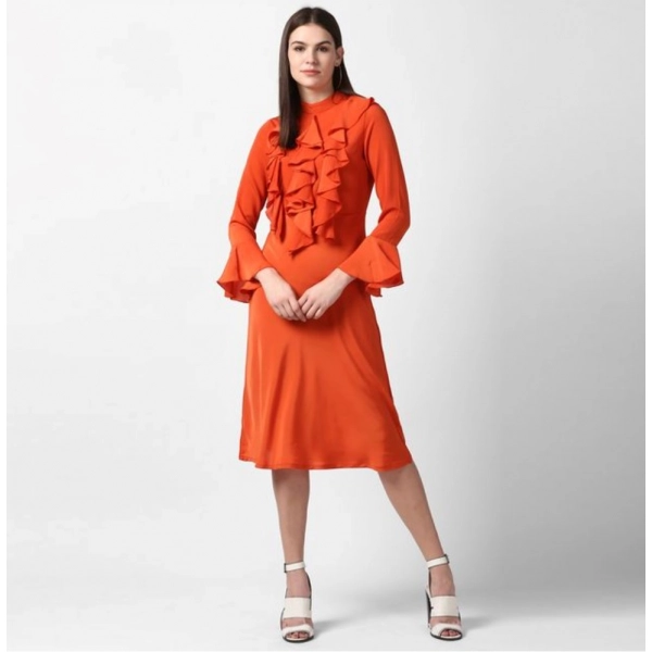 Dropship Women's Polyester Ruffled Close Neck Long Sleeves Dress (Orange)
