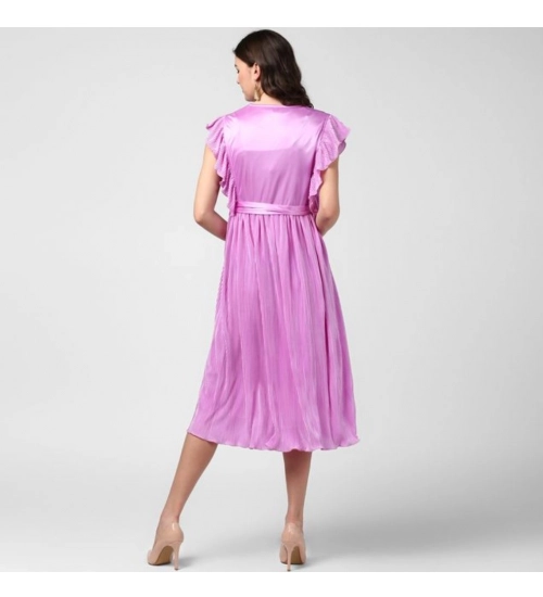 Women's Polyester Pleated V-Neck Flutter Dress (Lavender)
