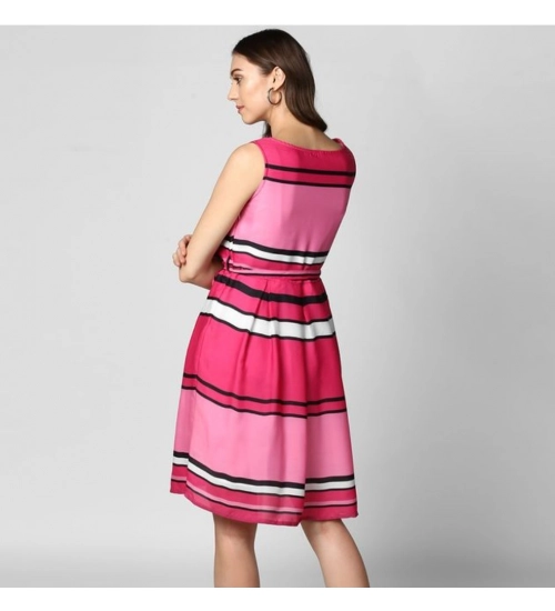 Women's Polyester Striped Close Neck Sleeveless Dress (Pink)