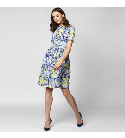 Women's Polyester Floral Collar Neck Short Sleeve Dress (Blue-Yellow)