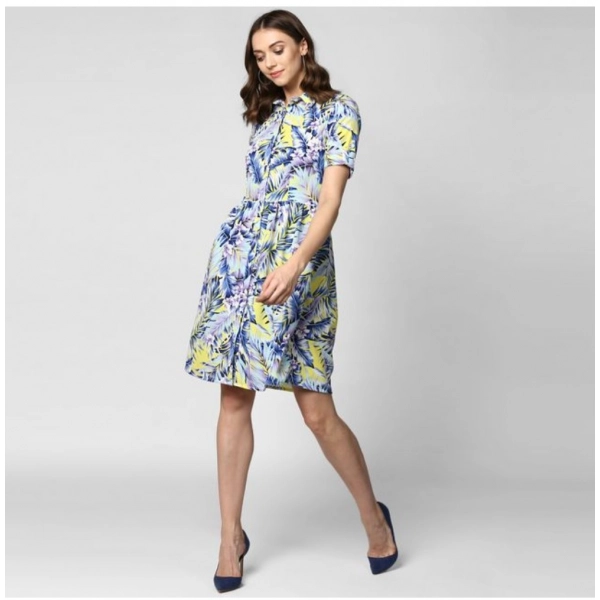 Dropship Women's Polyester Floral Collar Neck Short Sleeve Dress (Blue-Yellow)