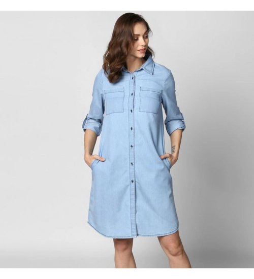 Women's Denim Solid Collar Neck Roll Up Sleeve Dress (Blue)